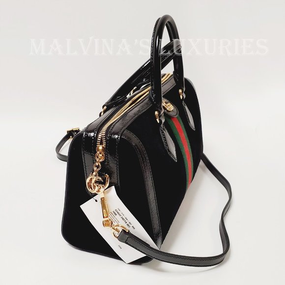 GUCCI BAG 524532 OPHIDIA BOSTON BLACK SUEDE WEB STRIPE GG LOGO CHARM - Picture 7 of 16